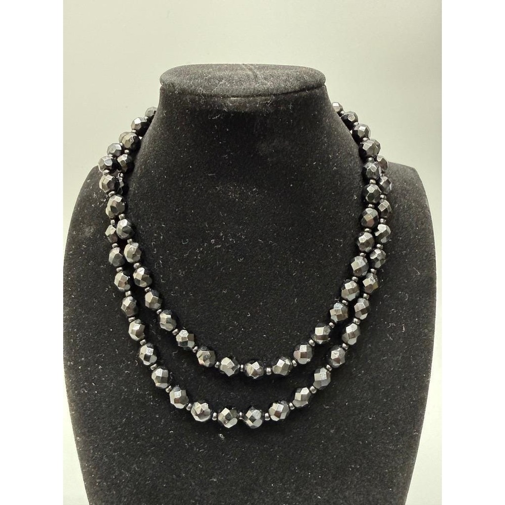 Vintage Jet Black Faceted Glass Beaded Necklace 30" Opera Heavy Sparkle Dark